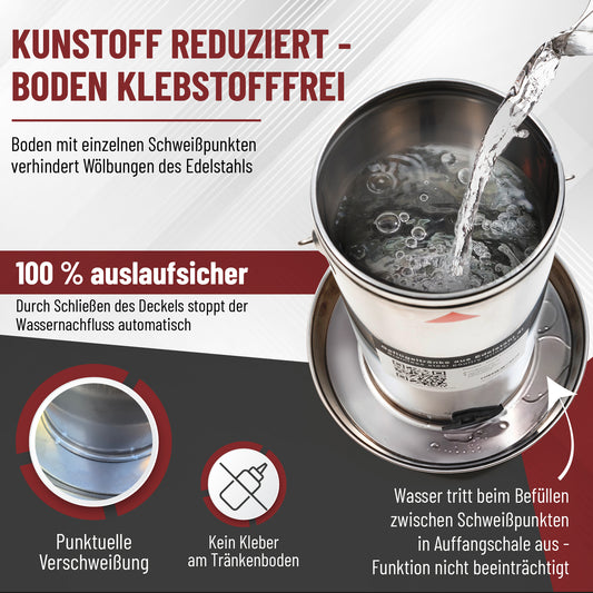 Hochwertige Hühnertränke aus rostfreiem Edelstahl 304 mit 4 Liter Fassungsvermögen.