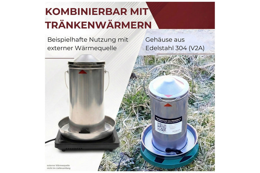 Hühnertränke aus Edelstahl in Kombination mit einem Tränkenwärmer – Wasserversorgung bei Frost ohne Dauerstrom