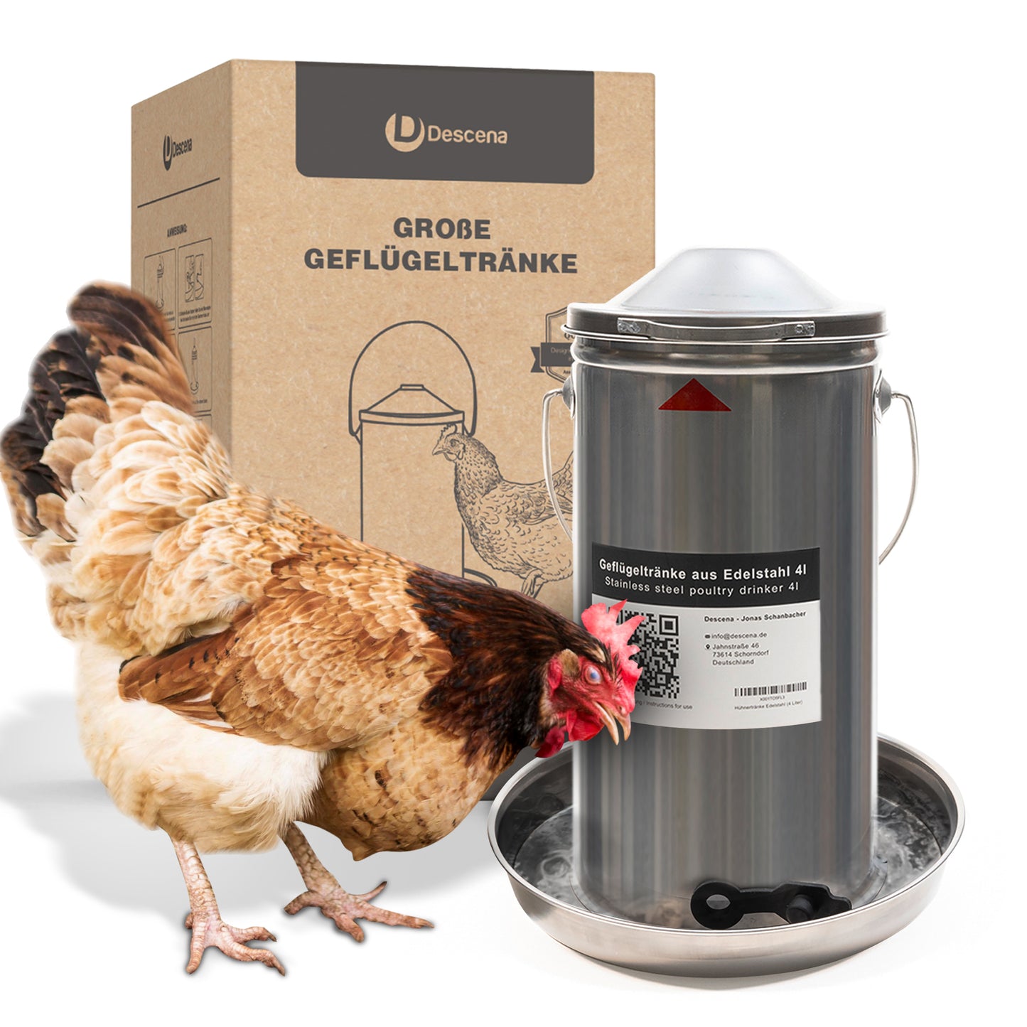 Hochwertige Hühnertränke aus rostfreiem Edelstahl 304 mit 4 Liter Fassungsvermögen.