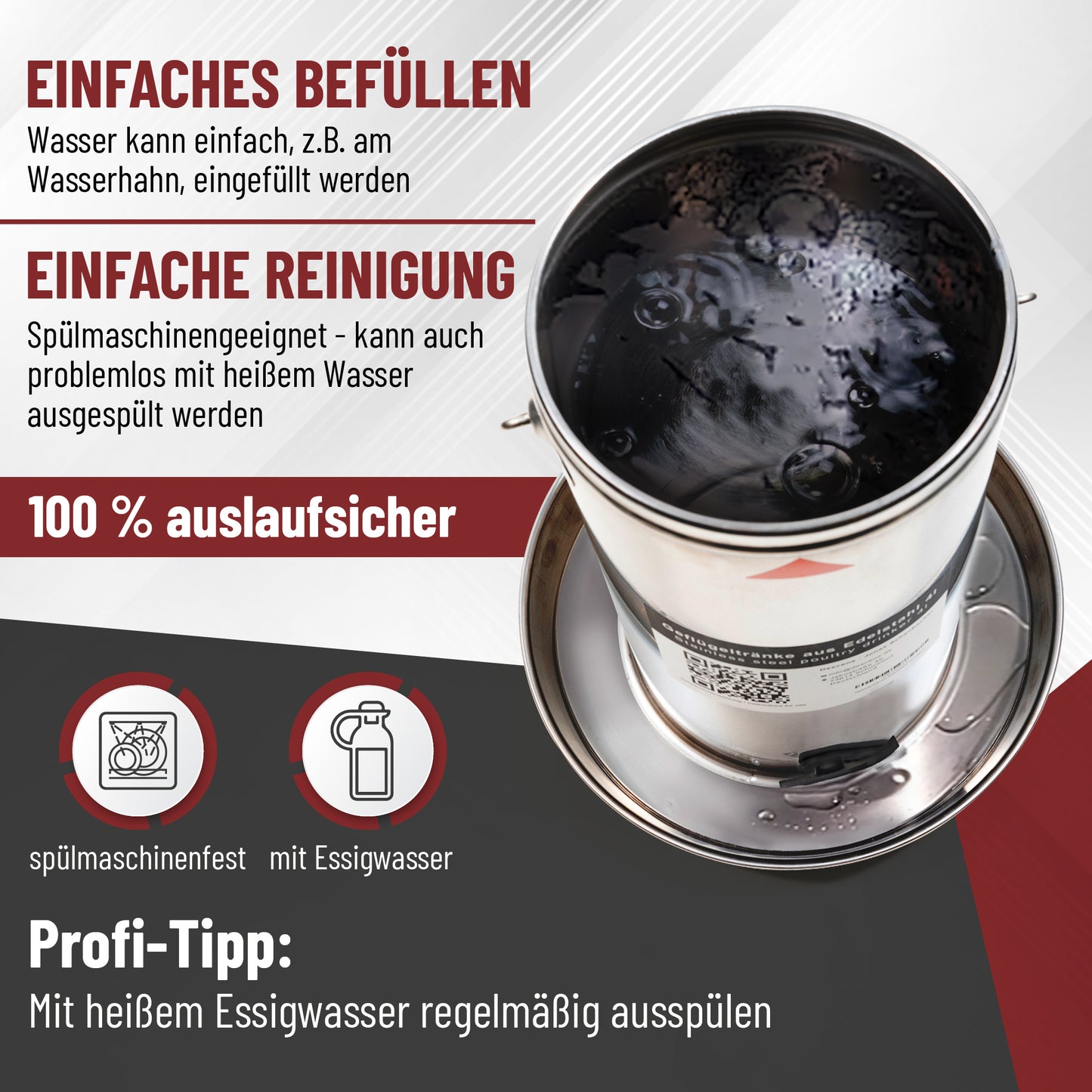 Hochwertige Hühnertränke aus rostfreiem Edelstahl 304 mit 4 Liter Fassungsvermögen.