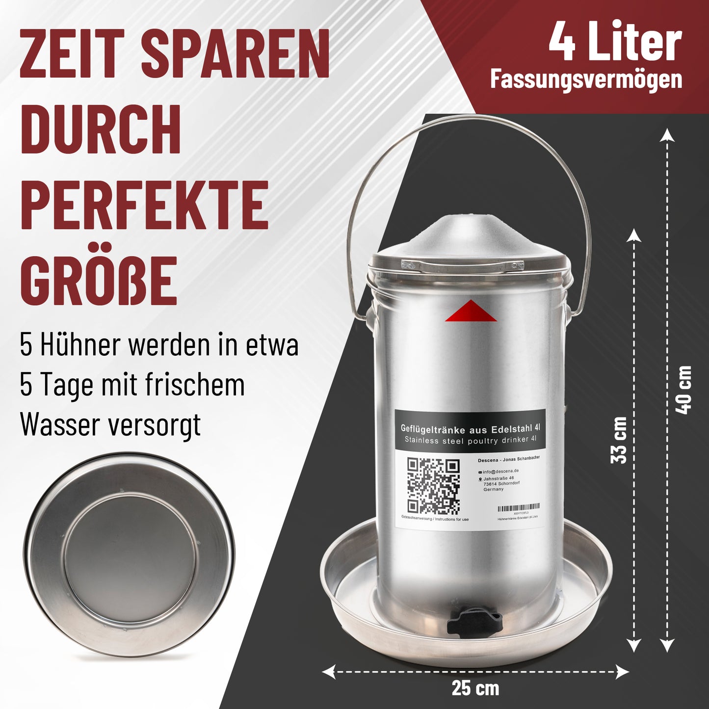 Hochwertige Hühnertränke aus rostfreiem Edelstahl 304 mit 4 Liter Fassungsvermögen.