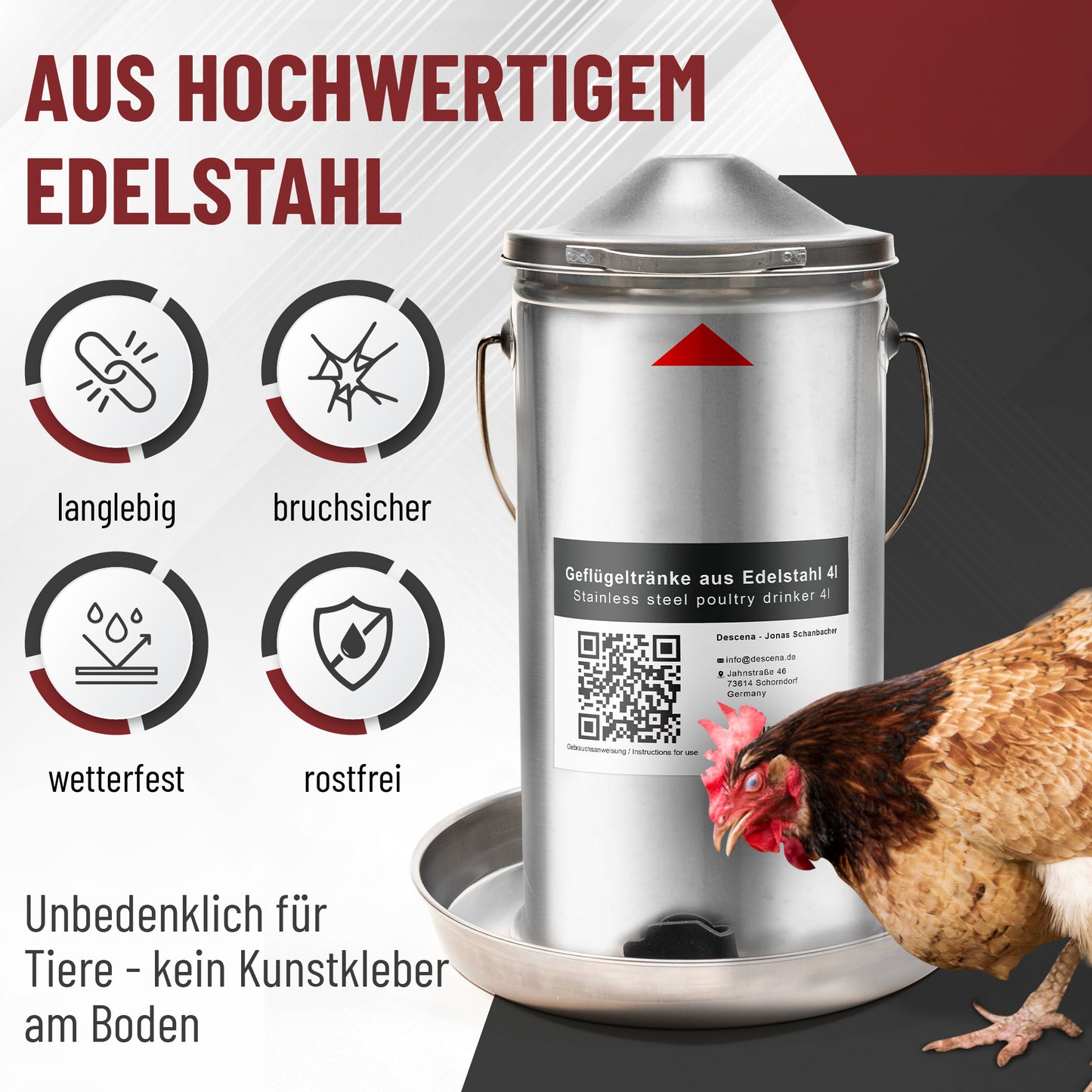 Hochwertige Hühnertränke aus rostfreiem Edelstahl 304 mit 4 Liter Fassungsvermögen.