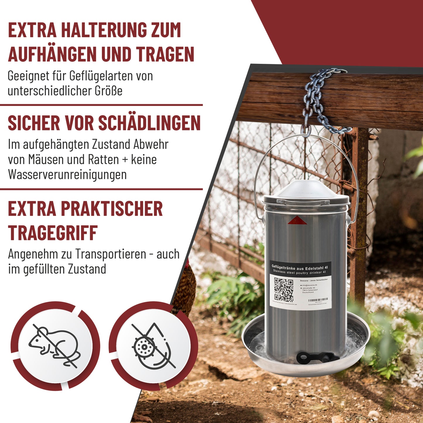 Hochwertige Hühnertränke aus rostfreiem Edelstahl 304 mit 4 Liter Fassungsvermögen.