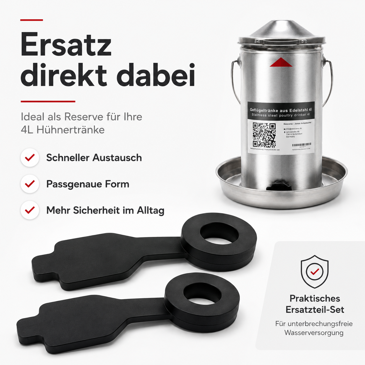 HTE4 Hühnertränke Details: 4 Liter Volumen, Edelstahl-Schale, Silikonstöpsel
