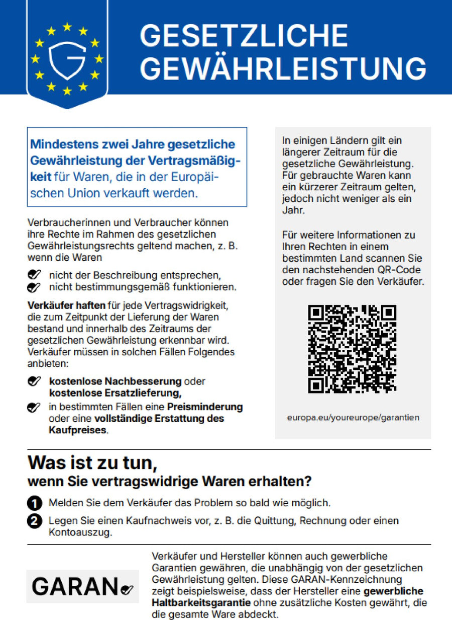 Harmonisierte EU-Mitteilung: Gesetzliche Gewährleistung. Mindestens zwei Jahre gesetzliche Gewährleistung der Vertragsmäßigkeit für Waren, die in der Europäischen Union verkauft werden.