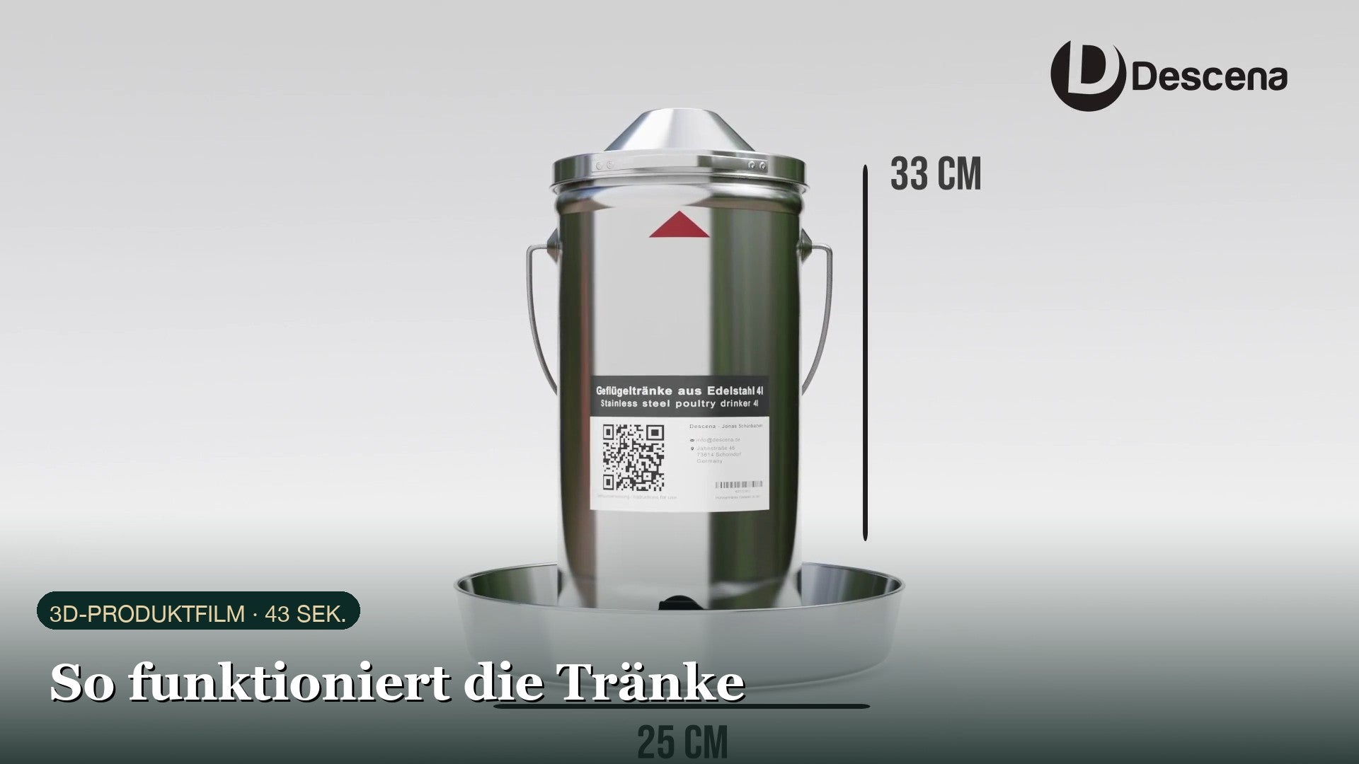 3D-Produktvideo: Descena HTE4 Hühnertränke Edelstahl – Aufbau, Reinigung, Tränkenwärmer